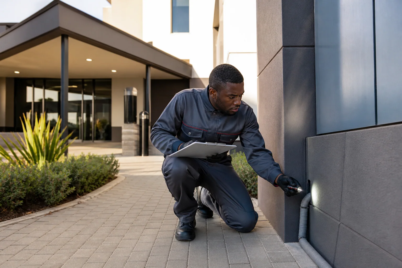 Commercial pest-control technician inspecting an exterior building entry point
