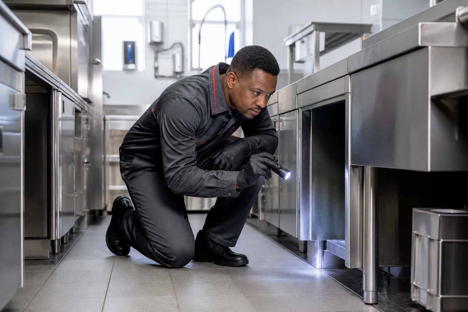 Lonezer commercial pest-control technician inspecting beneath equipment in a professional kitchen
