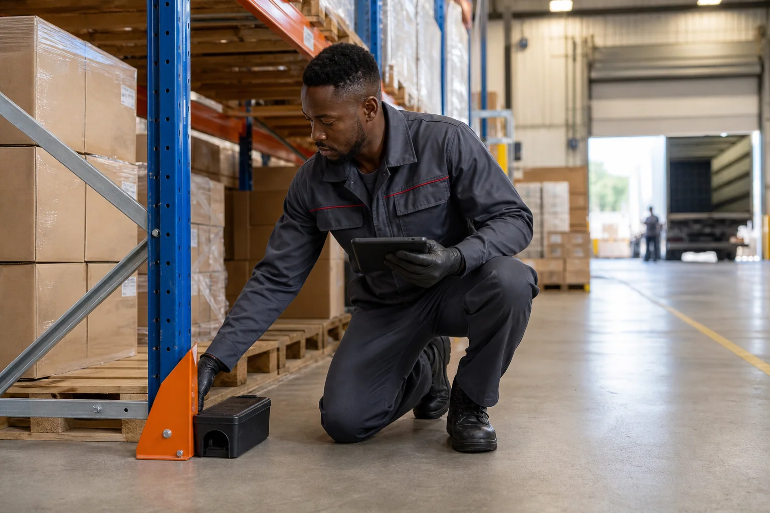 Commercial pest-control technician checking a monitoring point in an orderly warehouse