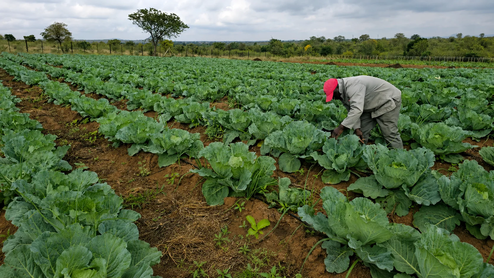 A farm worker tending cabbage rows
